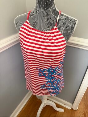 Women’s Coral  & White Stripe Tankini Top with Blue Coral Accent Size XL